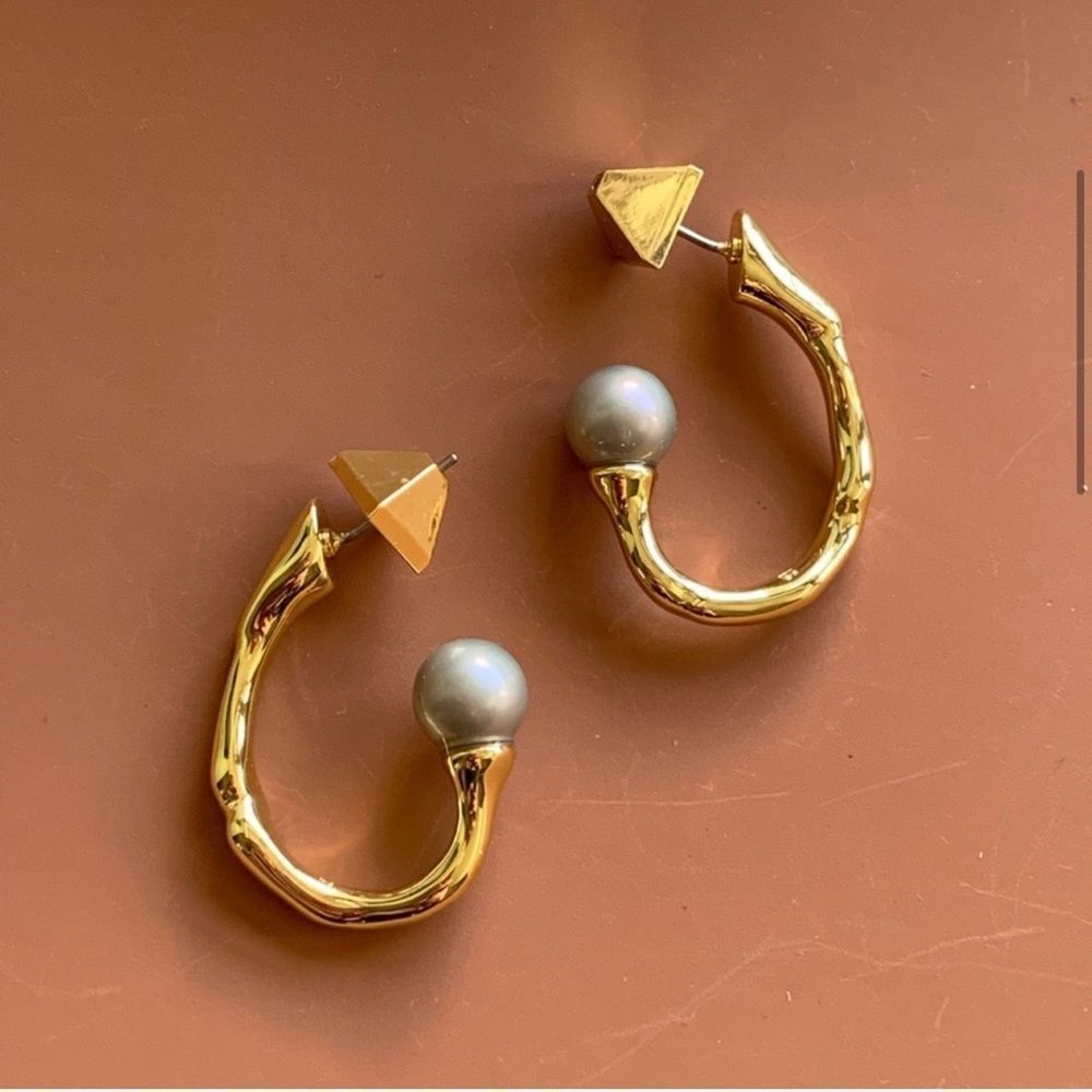 ALEXIS BITTAR Pearl Capped Twisted Gold Open Hoop Post Earrings - MSRP $195 - Picture 14 of 14